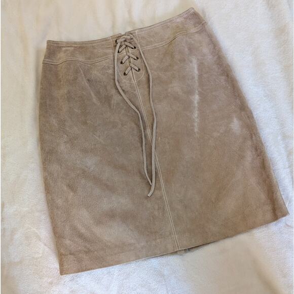 Doncaster Tan Suede Leather Tie Waist Straight Pencil Short Skirt, size 6 - Picture 3 of 9
